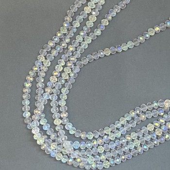 Мънисти чешки кристал на конец бял прозрачен с бензиново покритие, гранен рондел, диаметър около 6х5 мм, дължина около 39 см +