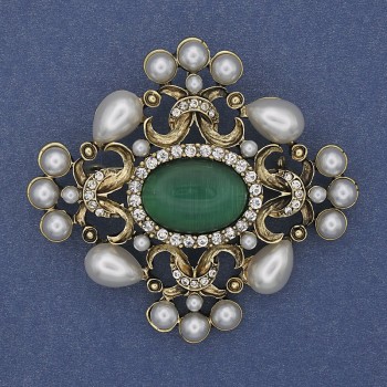 Брошка-висулка Акцент Перли Котешко око бели кристали златист метал 53х58мм+