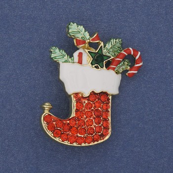 Брошка-медальон Коледна ботушинка емал червени кристали златист метал 38×28 мм +