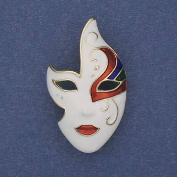 Брошка Маска бяла черна червена емал златист метал 40×23 мм+