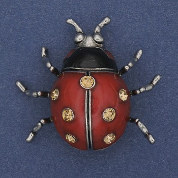 Брошка‑висулка «Слънчице» с червена емал и жълти кристали, сребрист метал 42×47 мм