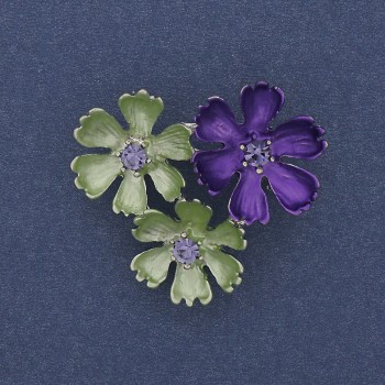 Брошка-кулон със зелена и лилава емал, виолетови стрази, сребрист метал 31×34 мм+