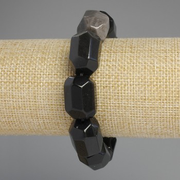 Браслет от естествен обсидиан със сребрист блясък и фасети, диаметър 20×15–16 мм, дължина 18 см +