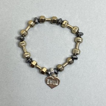 Гривна от хематит във формата на гантела 20x7 мм ±, гранован рондел 8x4 мм ±, дължина 18 см, еластична основа