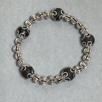 Браслет лавов камък, гладка мъниста, диаметър 10 мм ±, с метални вложки, дължина 18 см ±