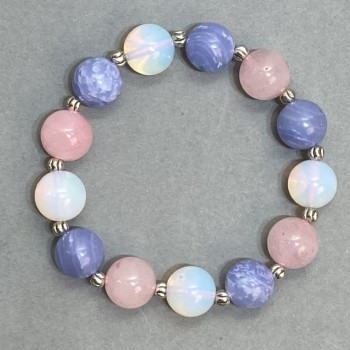 Браслет Асорті (Опалит, Агат, Розов кварц) мъниста, диаметър 12 мм ± с метални вложки, дължина 18 см ± еластична основа