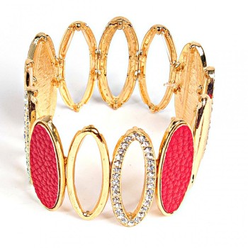 (5–6 см) Женска гривна, твърда, с овални елементи, с четири червени камъка, украсена с фианити