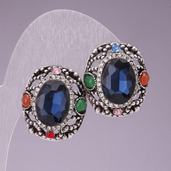 Обеци 2×2,5 см, дъга, овални, със стрази и син кристал