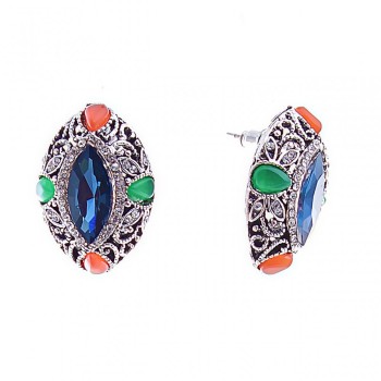 Обeци-пусети със сини кристали маркиз, обков обсипан със стрази, 26 × 19 мм