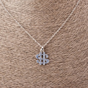 Кулон «Долар» на якорен ланец със светлосини кристали, дължина 52 см, диаметър 2×1,7 см, сребрист метал