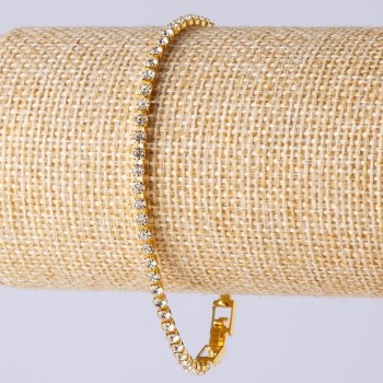 Стразов браслет с закопчалка, едноредов, метален цвят «злато», дължина 20 см, ширина 3 мм