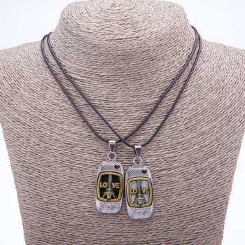 Двойна висулка за приятелство Love на шнур, дължина 45 см, цвят метал сребро и бронза