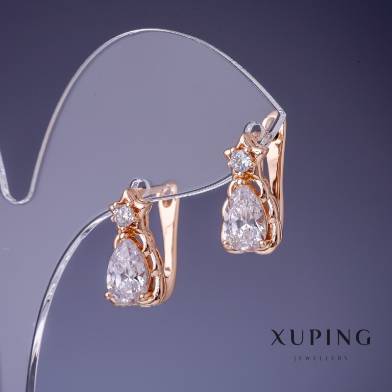 Обици Xuping с бели кристали 16х8 мм «позлата 18K»