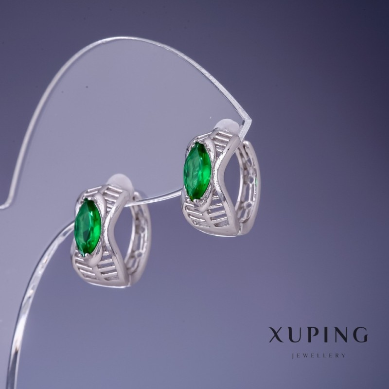 Обеци Xuping със зелени кристали 15×7 мм, родий