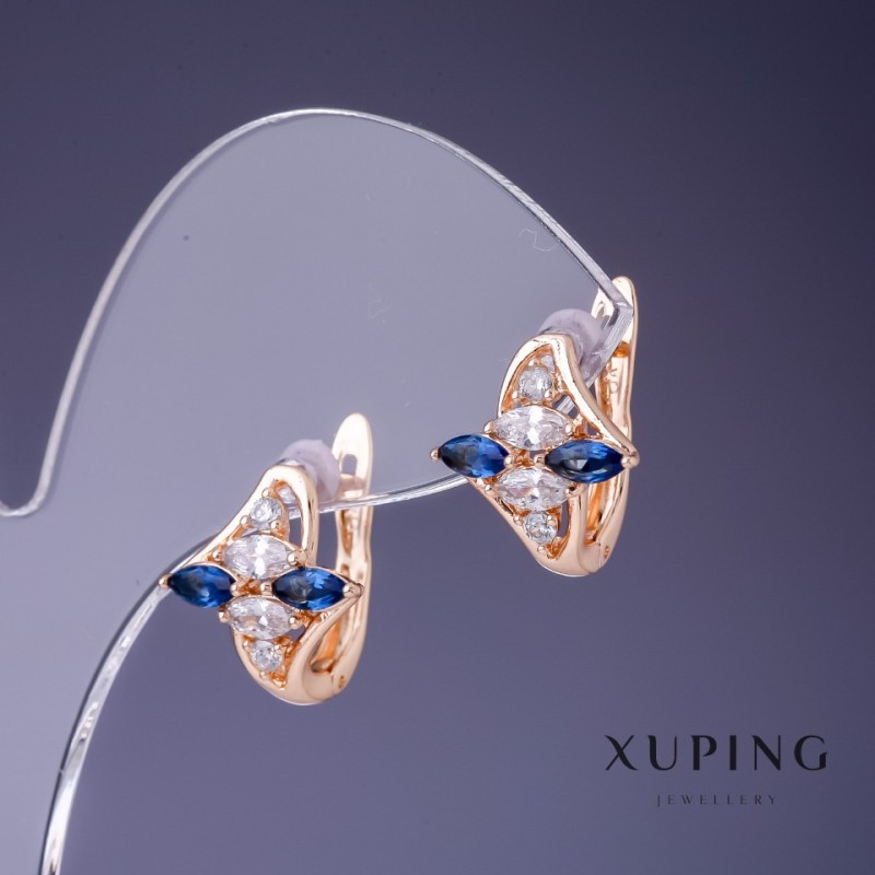 Сережки Xuping със сини и бели камъни 14×13 мм позлата 18К