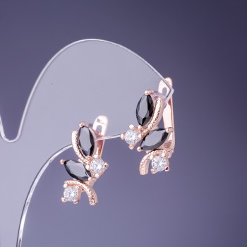 Обеци с черни кристали 19x12 мм златист метал