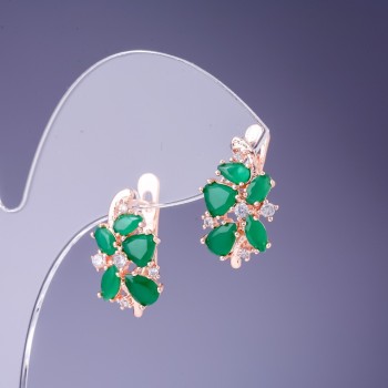 Обички със зелени кристали 19х10 мм златист метал