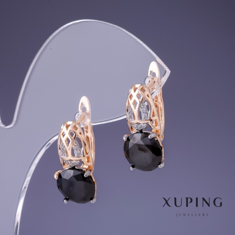 Обеци Xuping с черен цирконий 18×9 мм позлатени 18K