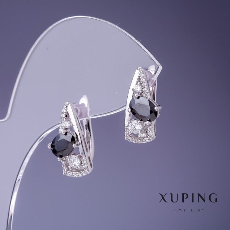 Обеци Xuping 17×8 мм родиево покритие с черен камък