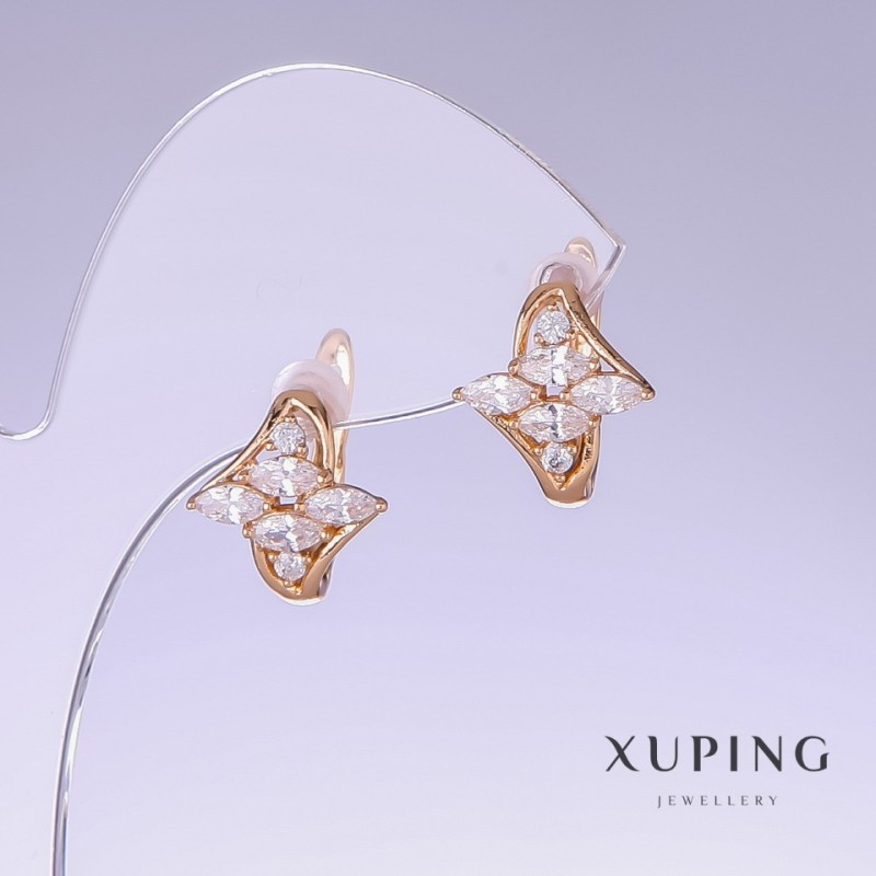 Обици Xuping с бял циркон, дължина 14 мм, дебелина 13 мм, позлата 18К