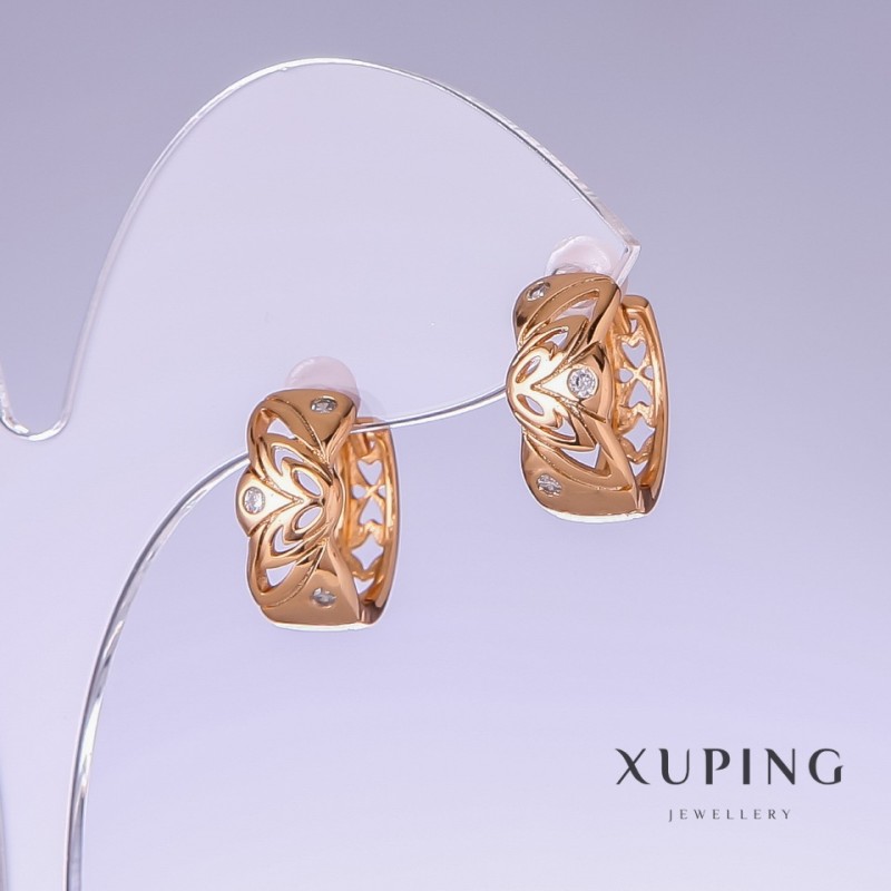 Обеци Xuping с бели кристали, дължина 16 мм, дебелина 7 мм, позлата 18K
