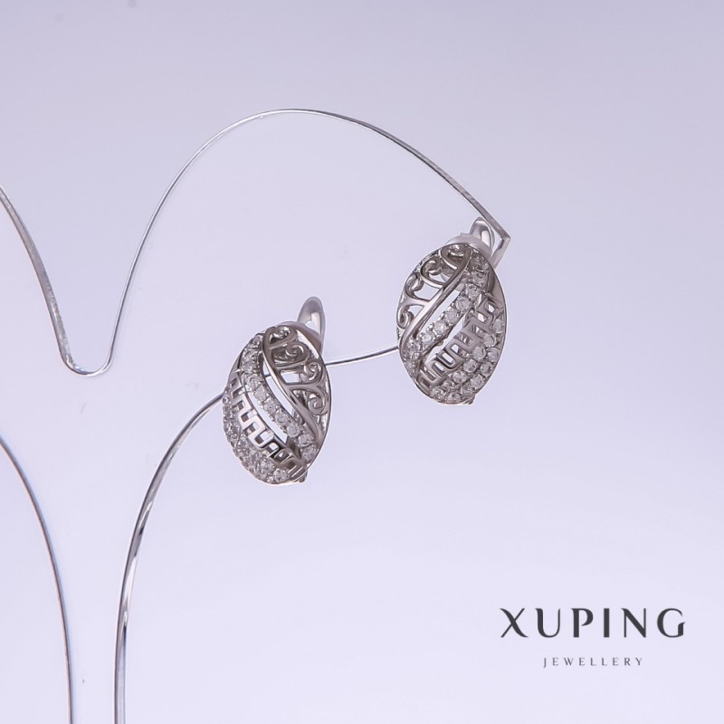Овеци Xuping, дължина 17 мм, дебелина 9 мм, родий с бели кристали