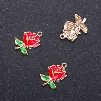 Фурнитура висулка Роза със златист емайл, диаметър 17 мм, дължина 5 мм, диаметър 1,95 мм, опаковка 6 бр. (+ -)