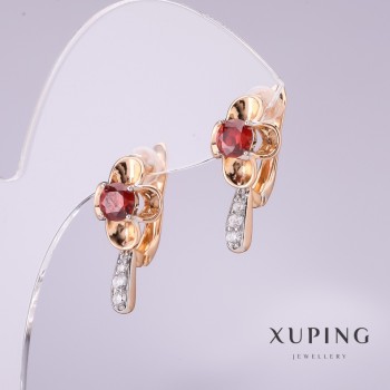 Обеци Xuping с камък червен цвят 20×10 мм позлата 18K