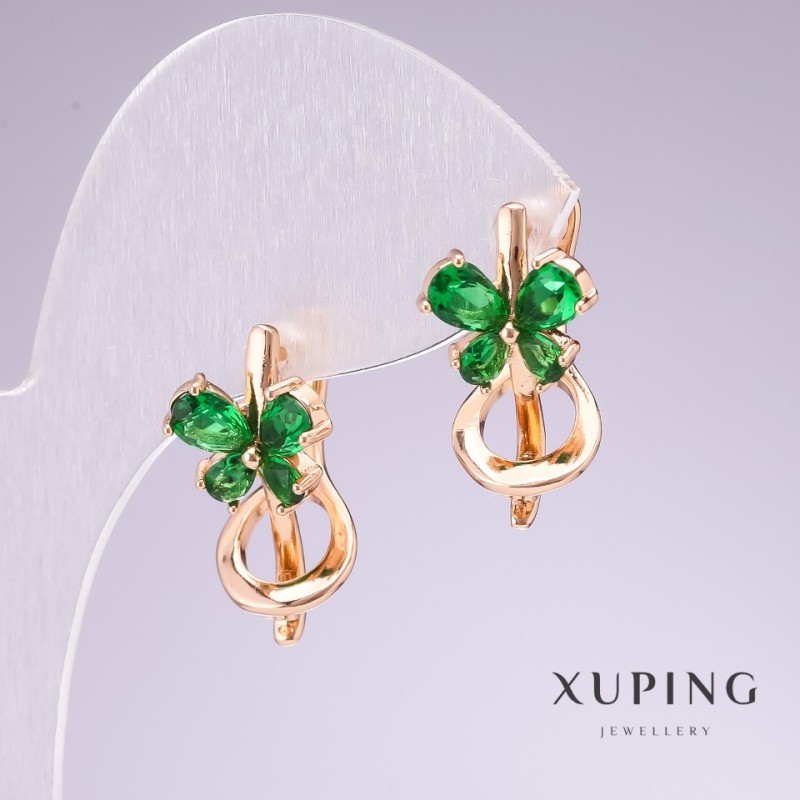 Обеци Xuping позлатени 18K със зелени камъни 20×11 мм