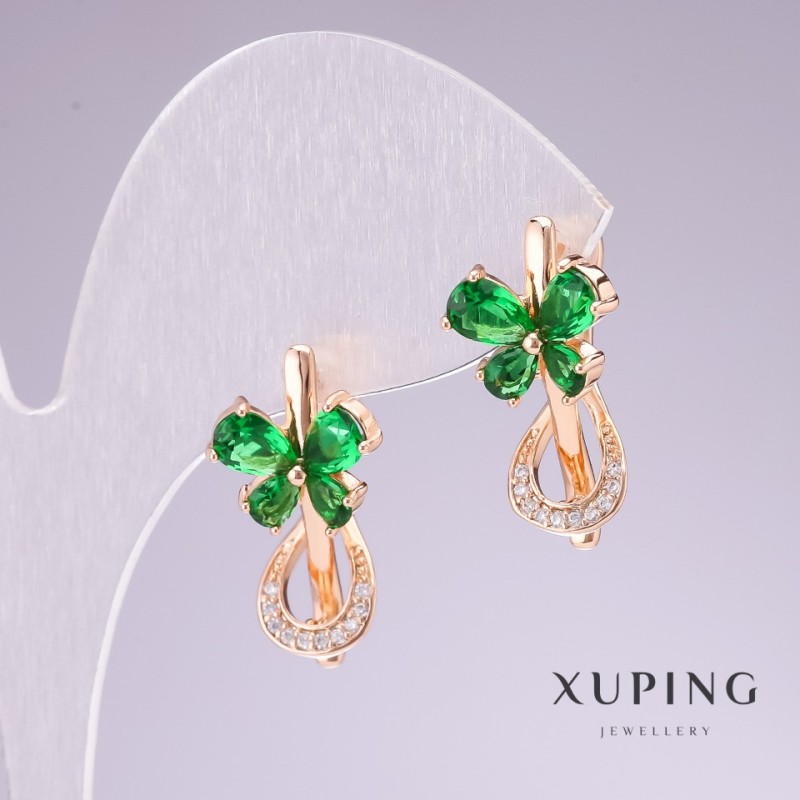 Обеци Xuping с позлата 18K със зелени камъни и бели кристали 20×11 мм