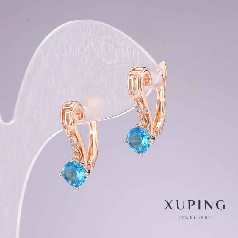 Обеци Xuping позлатяване 18K със син камък и бели кристали 20×8 мм