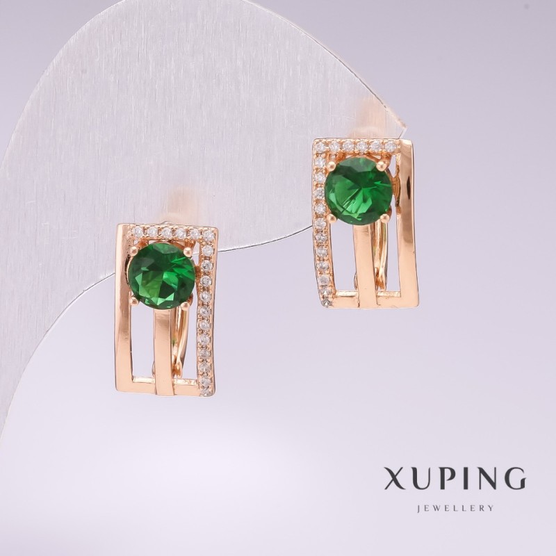 обеци Xuping с позлата 18К с зелени камъни и бели кристали 16×9 мм