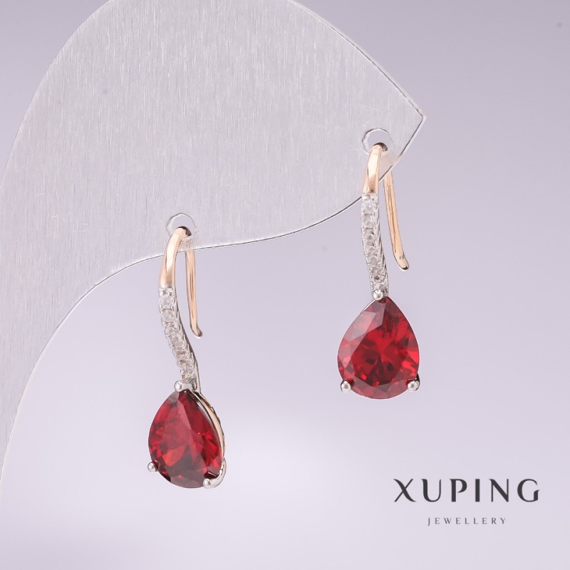 Обeци Xuping позлата 18K, родий с камък наситен червен цвят и бели кристали 21×7 мм