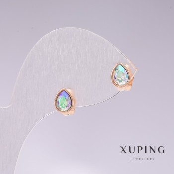 Обички пусети капковидни Xuping със син камък «бензин», позлатени 18K, размер 18×7 мм