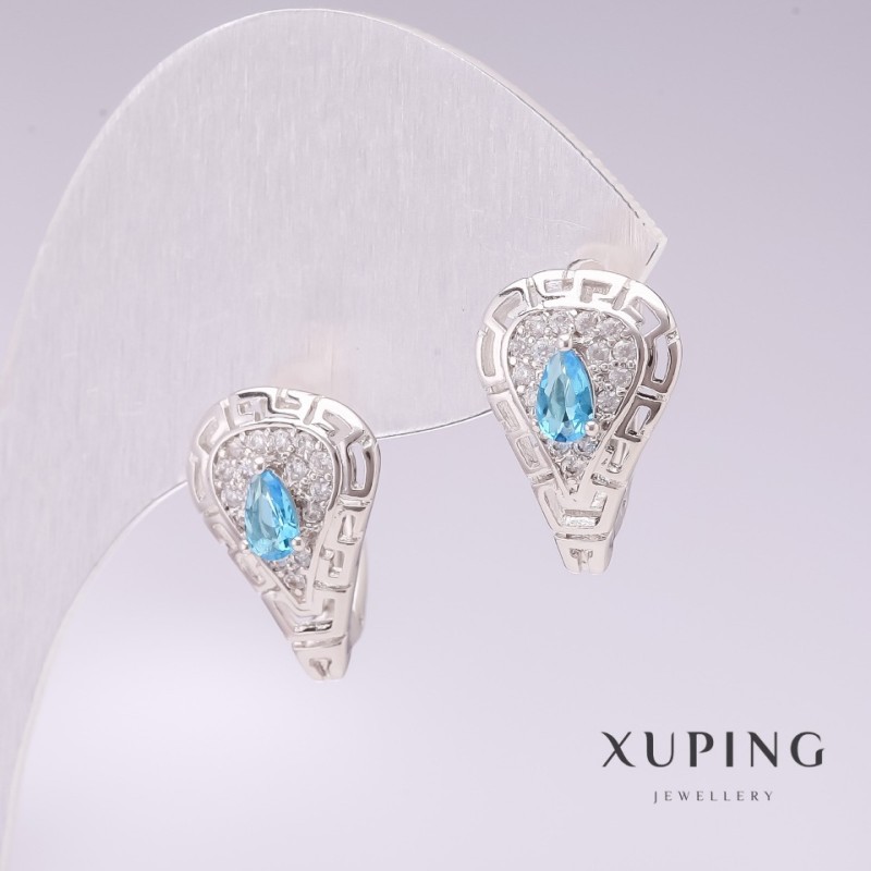 Сережки Xuping родий с лазурни камъни и бели кристали 11х17 мм