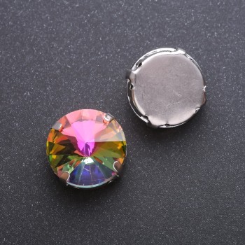 Цена за опаковка /10 бр. пришивен кристал «риволи» в безел кръгъл 18 мм зелено-жълт