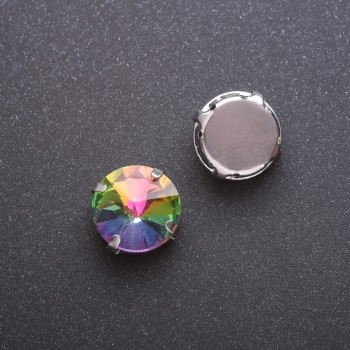 Цена за опаковка / 10 бр. Пришивен кристал „риволи“ в щифт, кръгъл 13 мм жълто-зелен