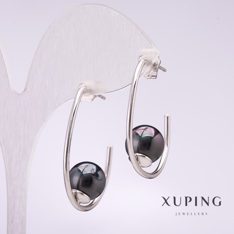 Обици Xuping клипса с черна майорка мъниста, 33x10 мм, родиево покритие