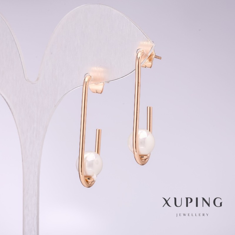 Сережки Xuping с бели майорка перли 34×8 мм позлатени