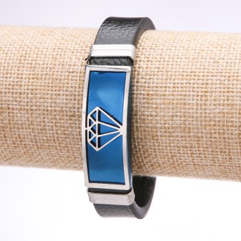 Мъжка гривна Диамант от еко кожа, широка стоманена планка, синя, дебелина 14–16 мм, дължина 20 см