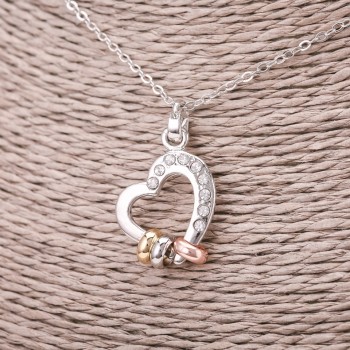 Кулон на синджир със сърце, с бели кристали, диаметър 16×23 мм, дължина 45–50 см, сребърен метал