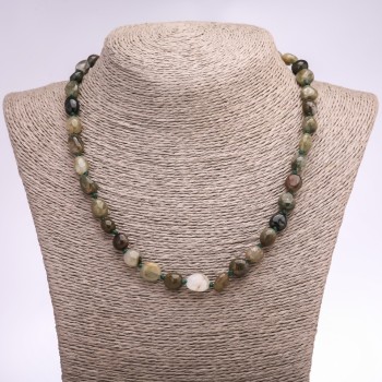 Намисто от естествен камък агат мъховиден галтован, диаметър 9–10 мм, дължина 45 см +