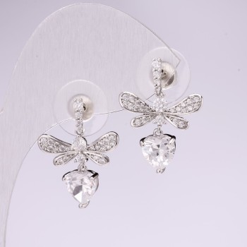 Обички пусети «Бабки», серия 925, камъни, стрази, цвят бял, 23×17 мм, метал сребрист