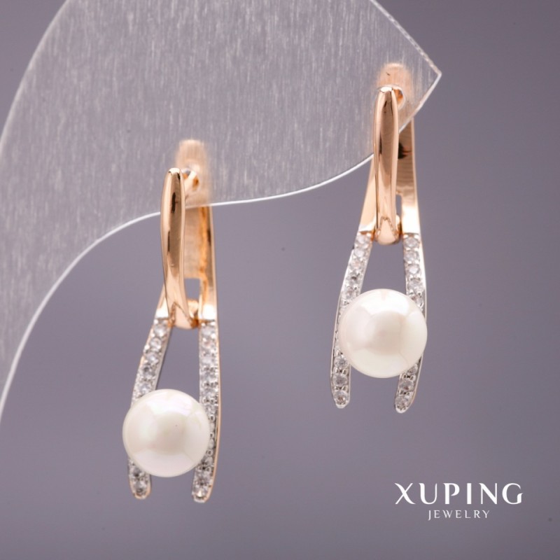 Серьги Xuping с перли Майорка, цвят бял, 28×8 мм, позлата 18К