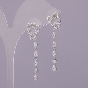 Обици-пусети Пеперуди със бели кристали, сребрист метал 11×40 мм