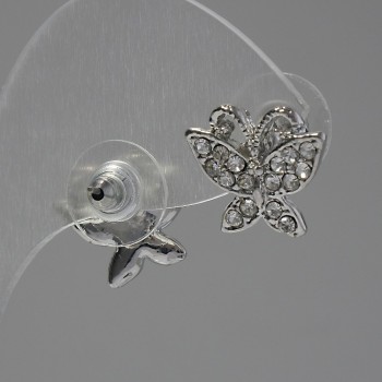 Обeци-пусети «Пеперуди», бели стрази, метал под сребро, 1,5 см