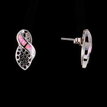 обеци-пусети ажурни, вградена розова опалова вставка (изкуствена), цвят: сребро, 20×10 мм