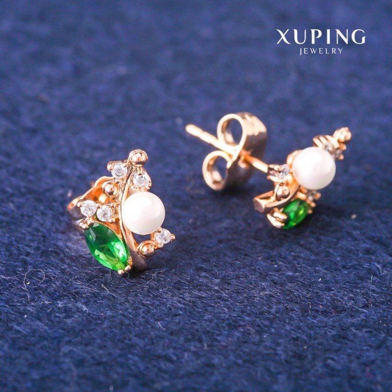 Обеци пусети Xuping с зелени кристали и Майорка, диаметър 8×13 мм, 18K позлата