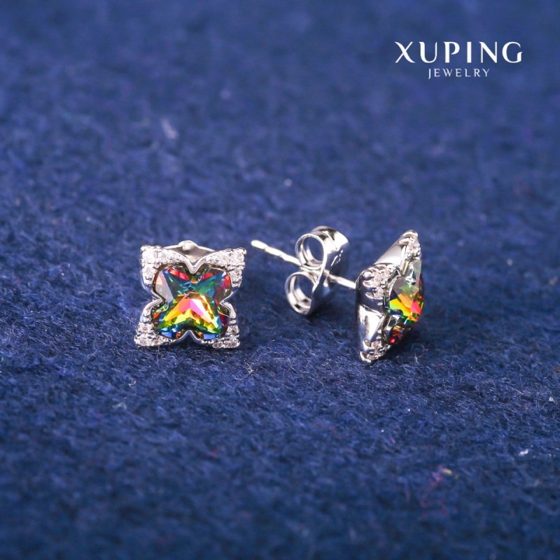 Обeци-пусети Xuping със Swarovski кристали радужен цвят, диаметър 9×13 мм, родиево покритие