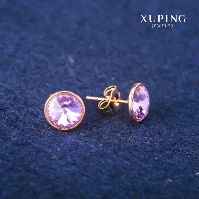 Обички-пусети Xuping с лилави кристали Swarovski, диаметър 10 мм, позлата 18K